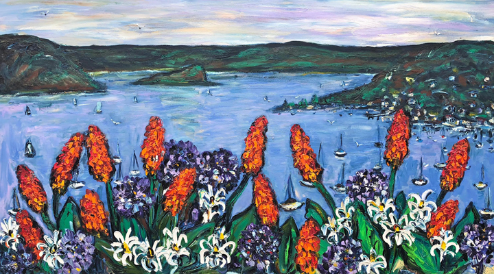 Red Hot Pokers over Lion Island Pittwater 200cm x 100cm